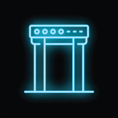 Blue neon metal detector icon glowing against a dark background, representing security checks and access control