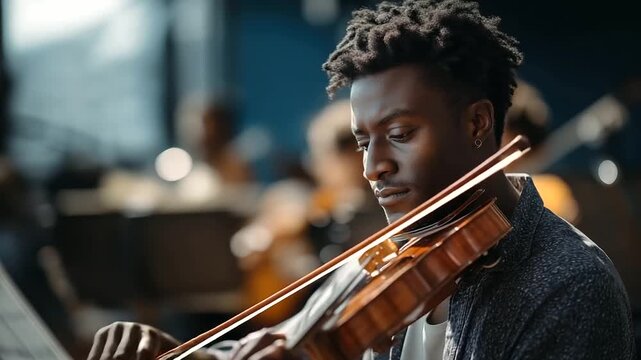 Vertical shot of African American young man playing violin during solo practice in studio looking at sheet music on stand violin practice music studio solo musician sheet music