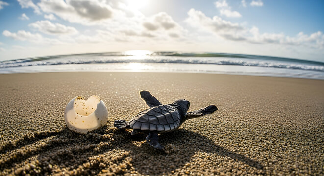 Precious baby sea turtle hatchling makes its way to the ocean from its egg on a sandy beach