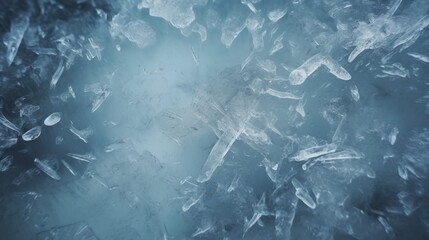 Obraz premium A close-up view of intricate ice crystals, showcasing their sharp edges and textures against a soft blue background.
