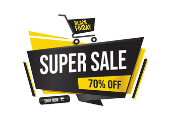 Black Friday super sale banner with shopping cart and 70 percent discount. Shopping concept