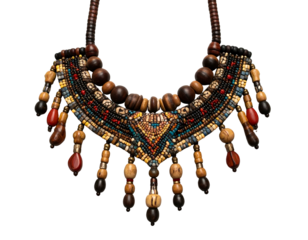 Detailed close-up of a handcrafted ethnic necklace with various beads and colors