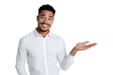Smiling young man in white shirt with hand gesture isolated