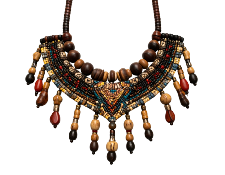 Detailed close-up of a handcrafted ethnic necklace with various beads and colors