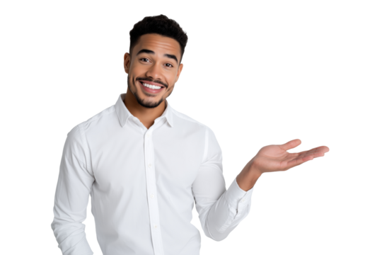 Smiling young man in white shirt with hand gesture isolated
