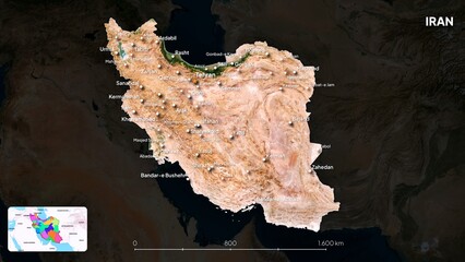 4K Iran Border Land Map, High Resolution Satellite View with Province Lines and Highly Populated Cities, Widescreen 4K Resolution