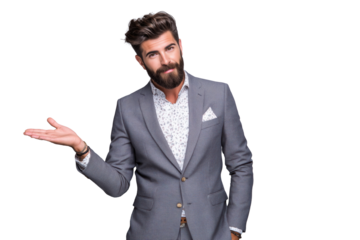 Stylish man in suit with beard offering gesture isolated