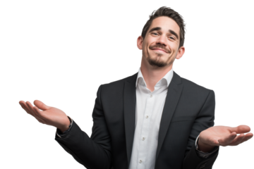 Smiling businessman with open hands and confident expression isolated