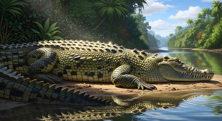 Obraz premium Majestic crocodile basking in the sun near a serene river, a scene of nature's raw beauty and power
