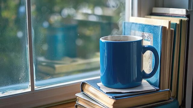 A cup of coffee sits atop a stack of books, a cozy and inviting scene