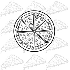 Pizza seamless pattern. Pizza doodle hand drawn. Outline drawing pizza Of clipart symbol, Illustration of pizza for coloring page of kids books.