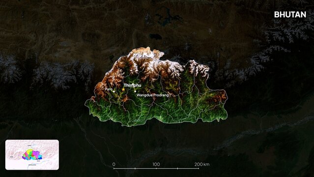 4K Bhutan Border Land Map, High Resolution Satellite View with Province Lines and Highly Populated Cities, Widescreen 4K Resolution