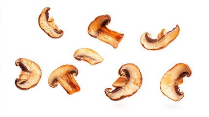 Fototapeta premium Slices of cooked shiitake mushrooms isolated on a white background. delicious mushroom slices are perfect for culinary projects or food-related designs.