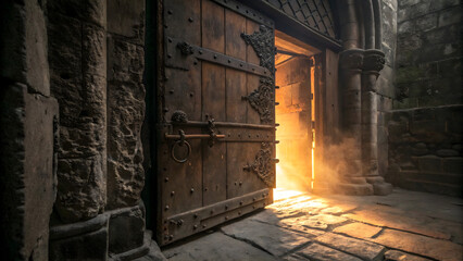ancient heavy door half-open with warm golden light leaking through