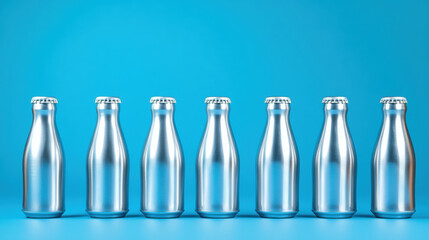 Row of metallic bottles with silver caps against a vibrant blue background. shiny bottles are perfect for showcasing beverages or adding a modern touch to any design project.