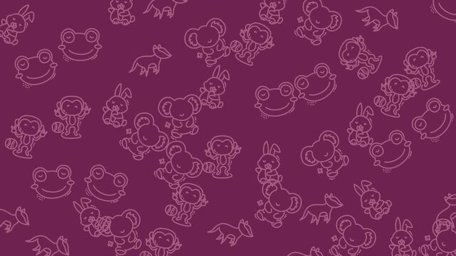 Several cartoon animals on a purple background. Perfect for childrens products, stationery, textiles, and party decorations. Cute and playful design.