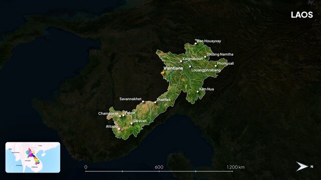 4K Laos Border Land Map, High Resolution Satellite View with Province Lines and Highly Populated Cities, Widescreen 4K Resolution