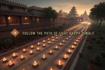 Temple Courtyard Filled with Rows of Oil Lamps at Dusk in Warm Cinematic Lighting for Diwali