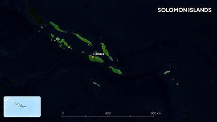 4K Solomon Islands Border Land Map, High Resolution Satellite View with Province Lines and Highly Populated Cities, Widescreen 4K Resolution