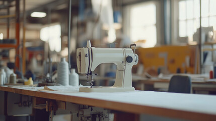 Vintage sewing machine on a table in a workshop, ready for use. An old sewing machine sits on a table in a workshop, ready to be used for sewing projects.