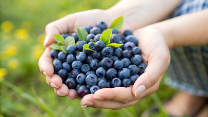 Close up blueberries on a women in organic farm