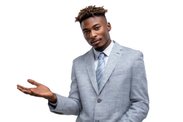 Stylish businessman in a gray suit presenting with hand isolated