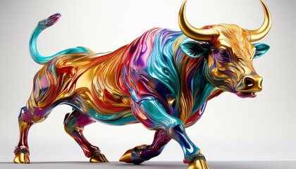 vibrant multicolored bull sculpture with gold accents in aggressive dynamic pose on white background