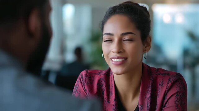 Vertical high angle of African American HR manager interviewing young Hispanic job applicant with disability in wheelchair inclusive workplace interview HR recruitment