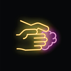 Neon sign of hands being washed with soap, on a black background