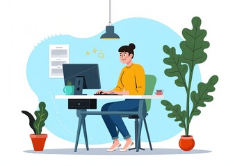 Businesswoman working at computer desk surrounded by plants