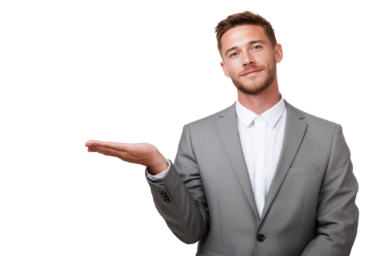 Confident businessman in gray suit with hand gesture isolated