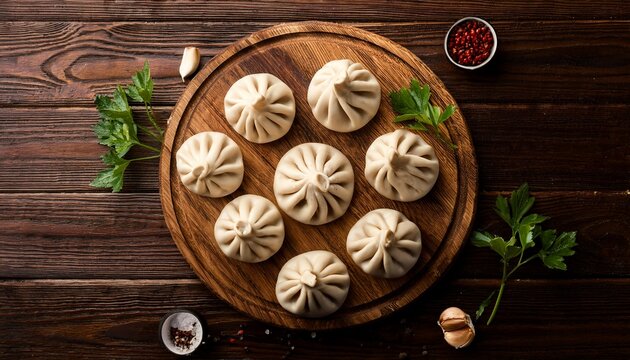 authentic georgian khinkali flat lay on dark wooden table
