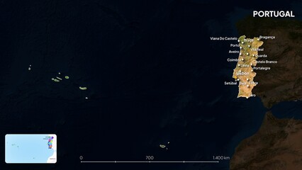 4K Portugal Border Land Map, High Resolution Satellite View with Province Lines and Highly Populated Cities, Widescreen 4K Resolution