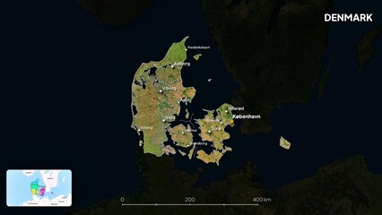 4K Denmark Border Land Map, High Resolution Satellite View with Province Lines and Highly Populated Cities, Widescreen 4K Resolution