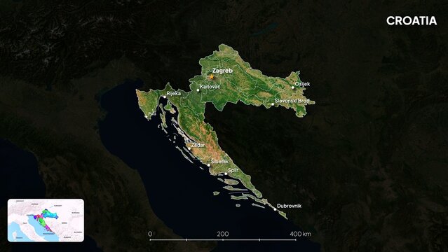 4K Croatia Border Land Map, High Resolution Satellite View with Province Lines and Highly Populated Cities, Widescreen 4K Resolution