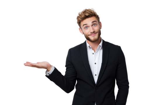 Smiling businessman in a suit gesturing with hand isolated