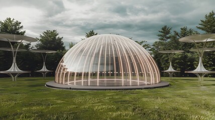 Obraz premium Transparent Dome on Green Field with Futuristic Towers