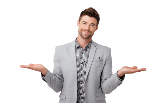 Smiling man in gray suit presenting hands open isolated