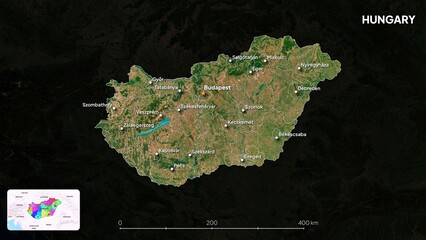 4K Hungary Border Land Map, High Resolution Satellite View with Province Lines and Highly Populated Cities, Widescreen 4K Resolution