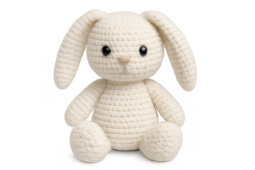 Plush crochet bunny amigurumi toy with long ears for baby children, handmade knitted rabbit doll, transparent background