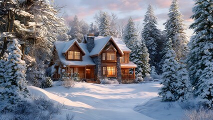 Winter Wonderland Home: A cozy lodge, nestled amidst a snowy landscape, invites you to imagine the warmth and comfort of a winter escape. The charming home exudes an atmosphere of serenity.
