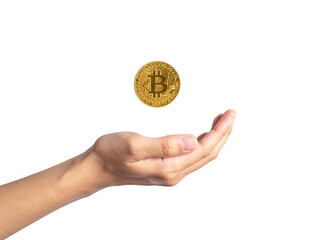 Gold Bitcoin Coin Levitating Above Open Hand on Black cryptocurrency digital currency