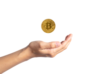 Gold Bitcoin Coin Levitating Above Open Hand on Black cryptocurrency digital currency