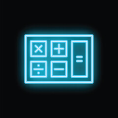 Glowing neon icon of a calculator with arithmetic symbols, representing math and calculation