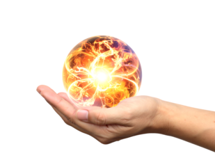 Hand Holding Fiery Energy Orb Against Black Keywords: hand, holding, orb, fire