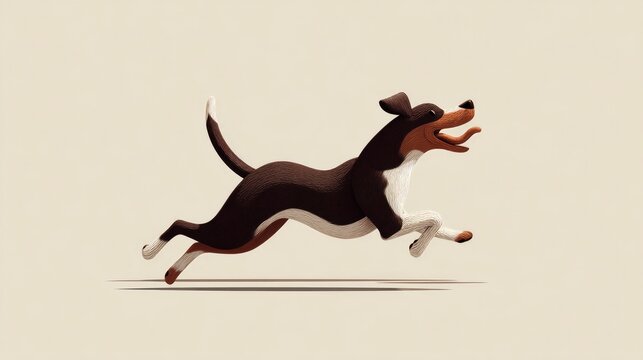 A brown and white dog in midair with its tongue out and tail up