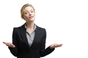 Confident businesswoman gesturing with hands and smiling isolated