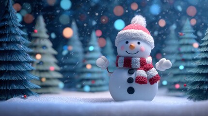 Obraz premium A snowman wearing a hat and scarf standing in a snowcovered forest with trees and falling snow