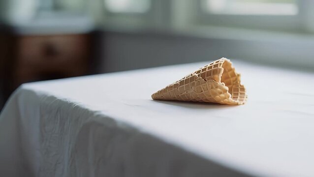 Empty Ice Cream Cone on a White Table, Close-Up Shot, Soft Lighting