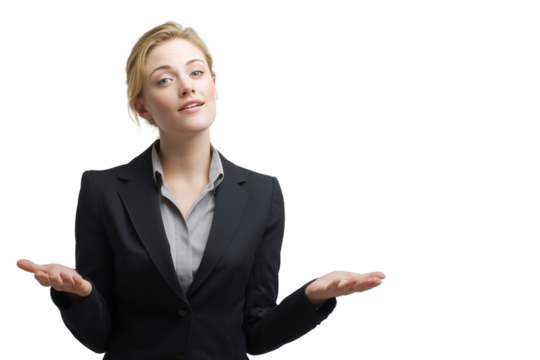 Confident businesswoman gesturing with hands and smiling isolated